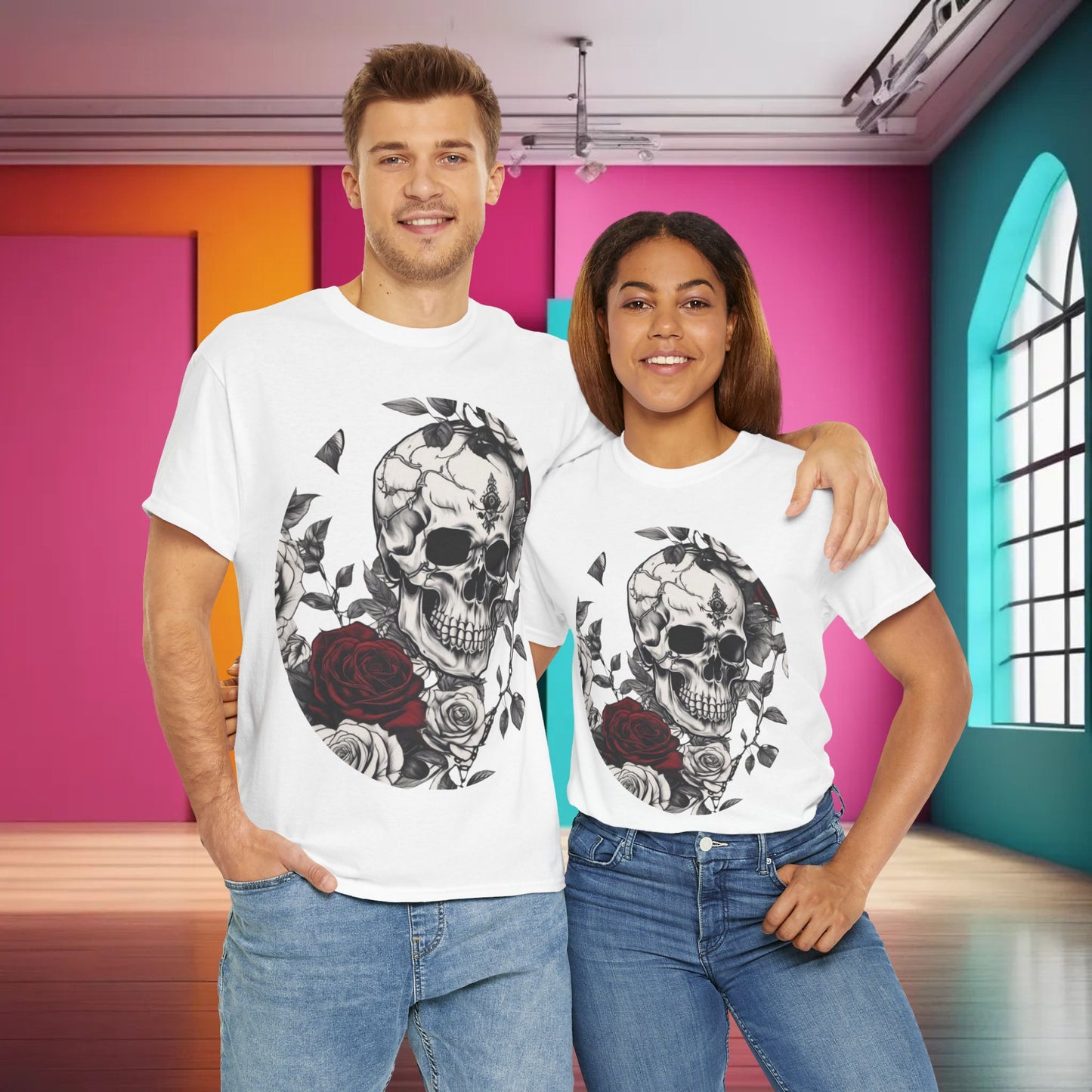 Skulls and Roses Cotton Tee, Unisex Graphic Shirt,