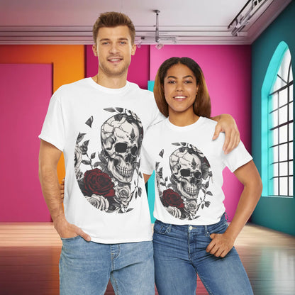 Two models wearing the Skulls and Roses Cotton Tee, Unisex Graphic Shirt, showcasing its versatile style for both men and women.