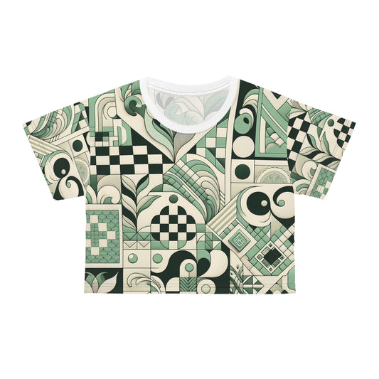Vivienne Lacroix Pastel Green Crop Top showcasing unique patterns of checkerboard and elegant prints, crafted from silky soft polyester for an exquisite touch of luxury.