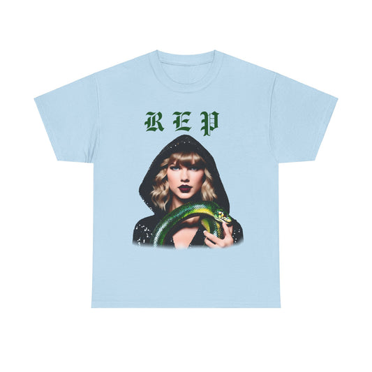Luxurious Taylor Swift Reputation Era t-shirt in a pastel hue, featuring a captivating image of Taylor Swift with a green snake. A must-have for fans who appreciate high-quality Swiftie apparel.