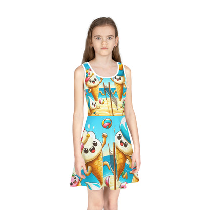 Charming summer sundress for girls by Dazzling Dreams Studio, showcasing playful ice cream and beach volleyball patterns to inspire joy and creativity.