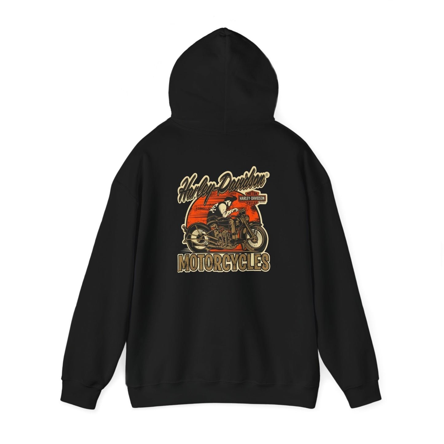 Chic black hoodie from behind, featuring intricate Harley-Davidson branding and motorcycle graphic, exuding adventure.
