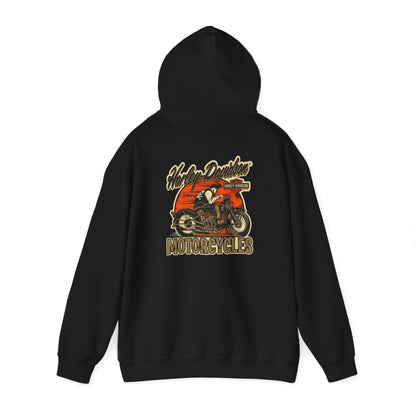Chic black hoodie from behind, featuring intricate Harley-Davidson branding and motorcycle graphic, exuding adventure.