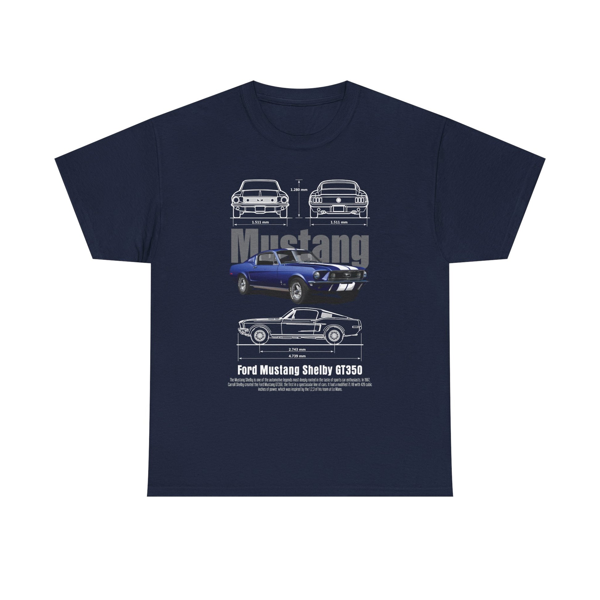 Chic navy men's t-shirt adorned with a detailed illustration of the Ford Mustang Shelby GT350, featuring multiple views and exact measurements, crafted for discerning automotive lovers.