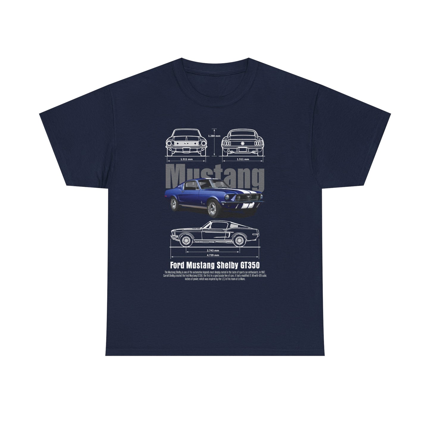 Elegant navy T-shirt featuring a distinctive graphic of the Ford Mustang Shelby GT350, including detailed specifications and artful illustrations.