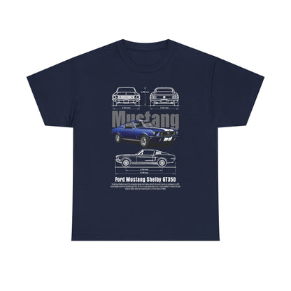 Elegant navy T-shirt featuring a distinctive graphic of the Ford Mustang Shelby GT350, including detailed specifications and artful illustrations.