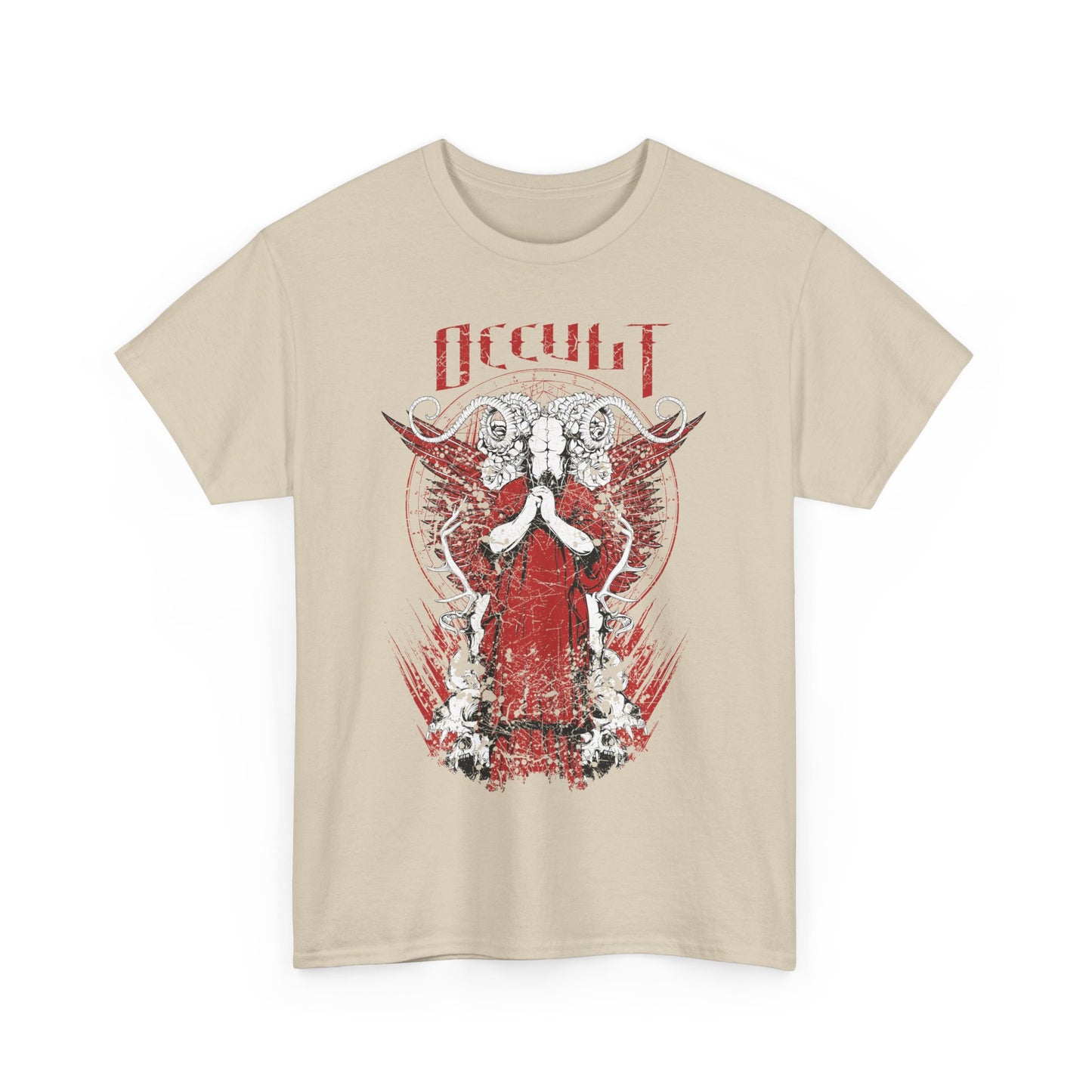 Exquisite beige graphic tee featuring an occult-themed design with detailed artwork and a striking red and black color palette.