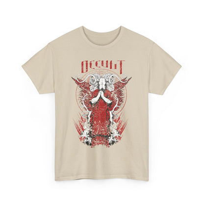 Exquisite beige graphic tee featuring an occult-themed design with detailed artwork and a striking red and black color palette.