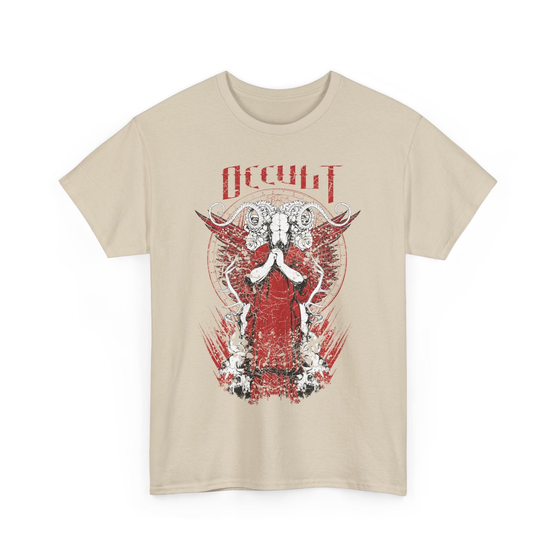 Striking front view of a beige t-shirt adorned with a captivating occult design, perfect for those who appreciate dark fantasy aesthetics.