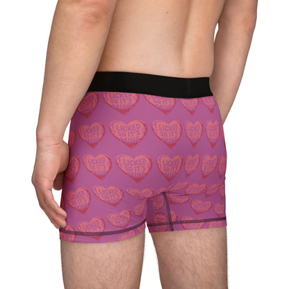 Valentine's Naughty Cheeky Men's Boxer Briefs showcasing a playful heart design with the phrase 'I LICKED IT SO IT'S MINE', perfect for romantic occasions such as birthdays and anniversaries.
