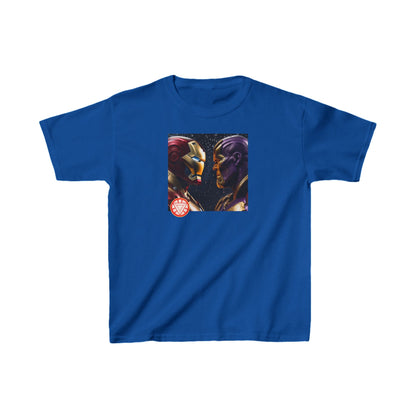 Kids Iron Man Heavy Cotton T-Shirt with Hulk Print in royal blue displaying an iconic battle scene between Iron Man and Thanos, a great addition to any child's wardrobe.