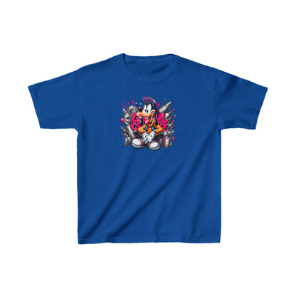 Childs Goofy Graffiti Vibe Unisex Graphic Tee Shirt Kids in luxurious blue, featuring a graffiti-inspired image of Goofy amidst spray cans.