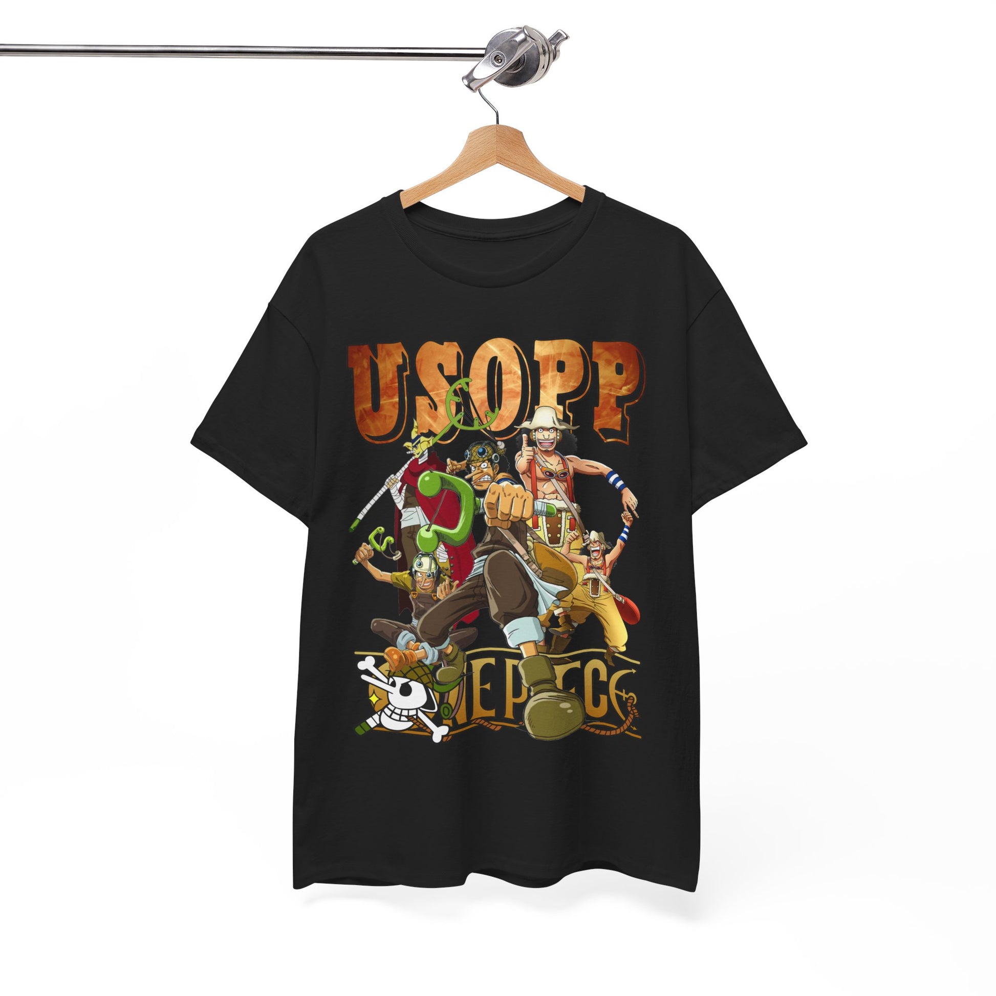Luxurious Usopp graphic t-shirt featuring iconic anime characters in vibrant detail against a black backdrop, perfect for adventurous anime fans.