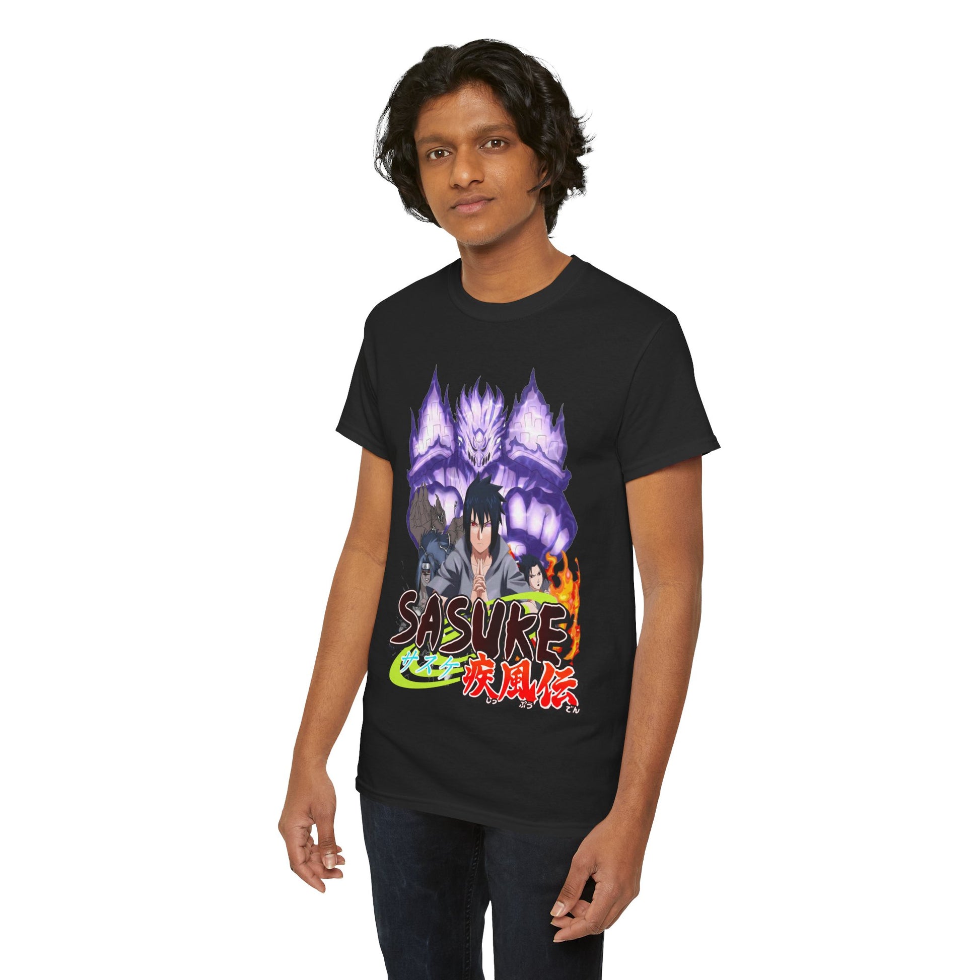 Luxurious Sasuke Graphic Tee designed for anime aficionados, featuring a dynamic illustration of Sasuke with vibrant colours on a black background.