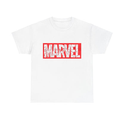 Elegant white 'MARVEL' graphic tee featuring striking bold letters and superhero illustrations, ideal for fashionable fans.
