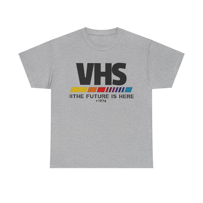 VHS Retro Logo Graphic Tee for Unisex in a chic grey shade, adorned with the classic VHS logo, a sophisticated tribute to vintage aesthetics.