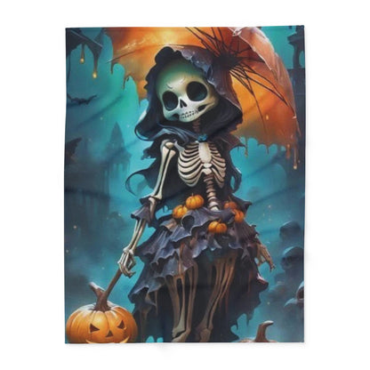 Decorative and Warm Halloween Spooky Arctic Fleece Blanket featuring an elegant skeleton in a flowing dress, holding a pumpkin and an umbrella, set against a mystical Halloween backdrop.