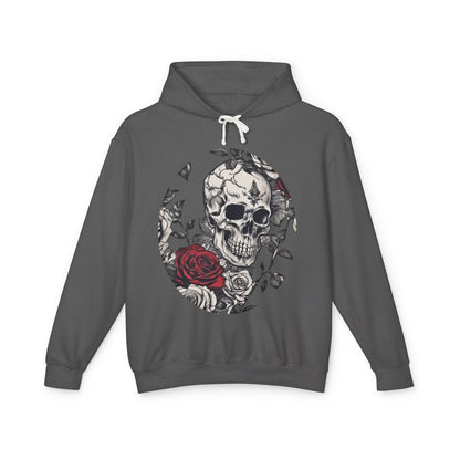Elegant unisex lightweight hooded sweatshirt adorned with a distinctive designer skull and roses design in a chic dark grey.
