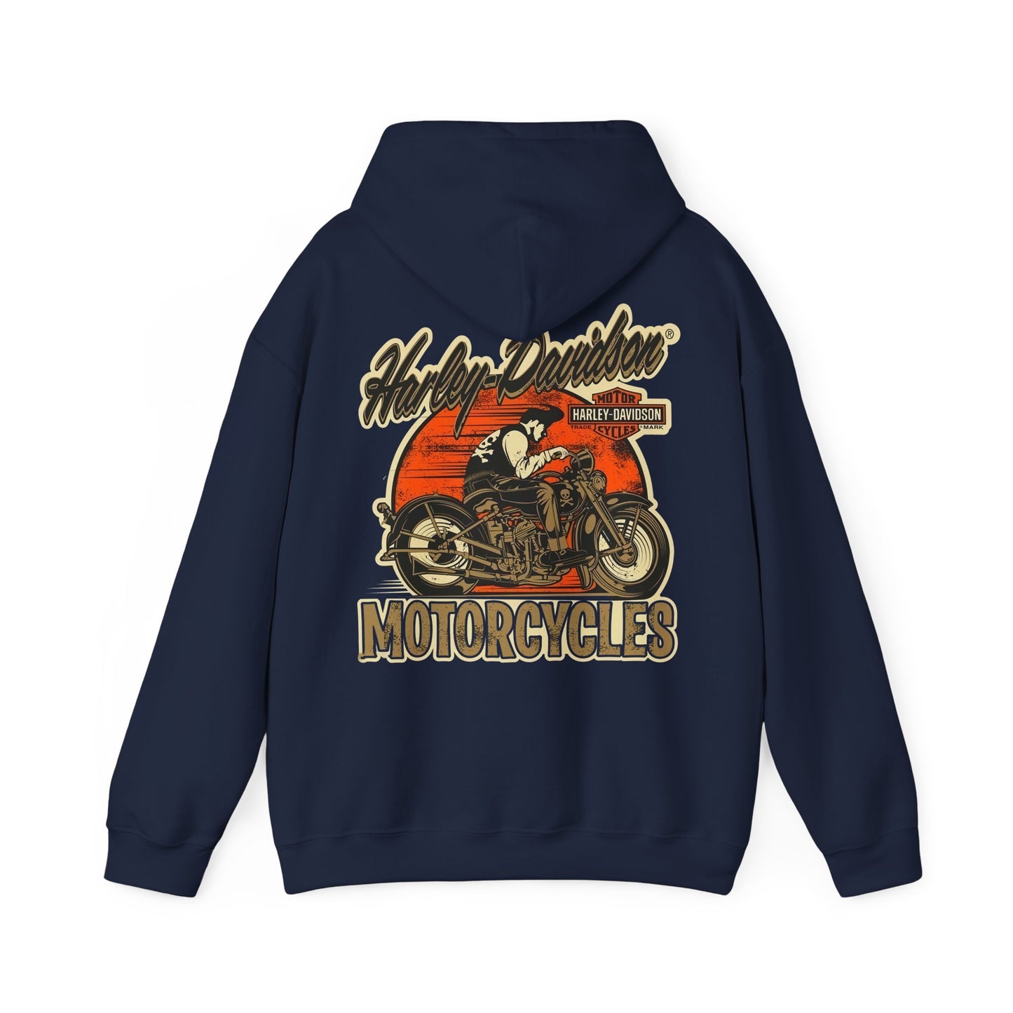 Chic navy vintage Harley-Davidson hoodie with an eye-catching motorcycle graphic and bold "MOTORCYCLES" lettering, designed for those who appreciate classic style.