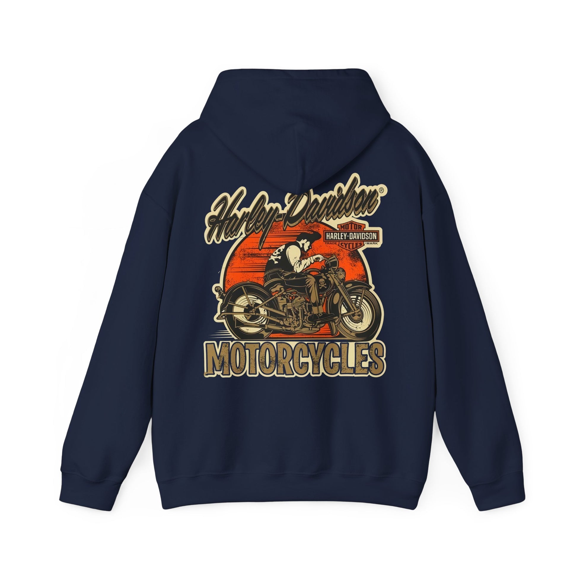 Chic navy vintage Harley-Davidson hoodie with an eye-catching motorcycle graphic and bold "MOTORCYCLES" lettering, designed for those who appreciate classic style.