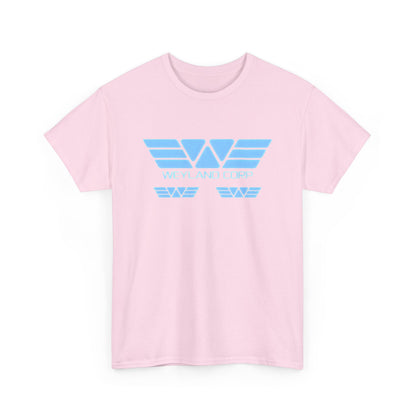 Weyland Corporation - Alien - Retro Logo Graphic Tee Unisex, featuring a front view of a light pink t-shirt displaying the iconic Weyland Corp logo in striking blue, perfect for interstellar aficionados.