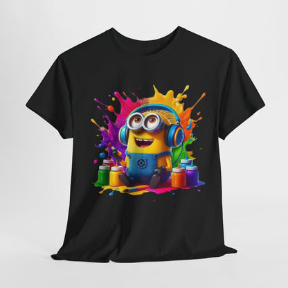 Stylish black T-shirt displaying a cheerful Minion surrounded by a spectrum of paint splashes, ideal for expressing artistic flair.