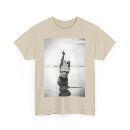 Middle Finger Girl Graphic T-Shirt in a soft neutral hue showcasing a bold black and white design of a woman raising her arm, symbolising defiance and individuality in premium urban wear.