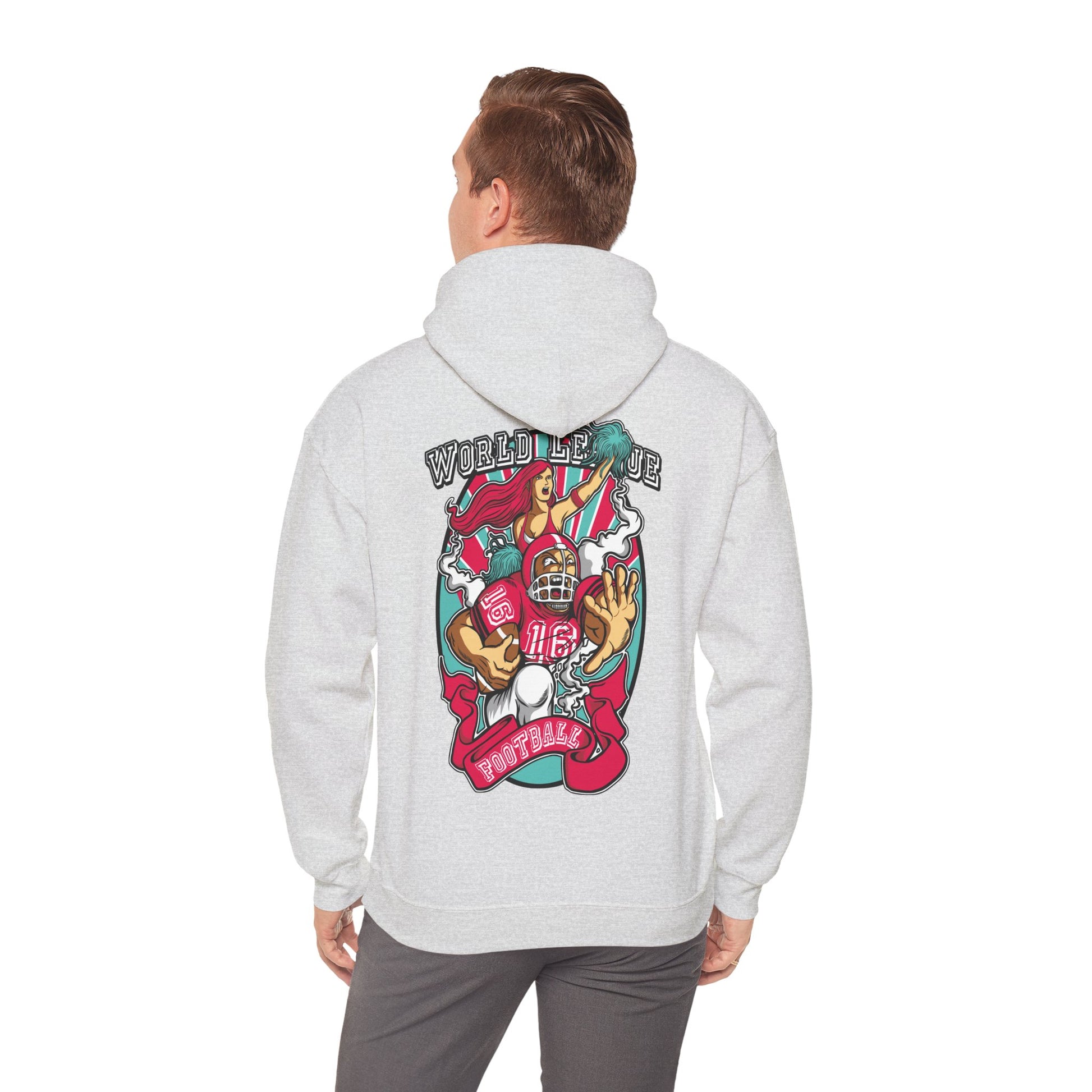 Sophisticated grey back print hoodie, displaying an engaging American football illustration with a cheerleader, complemented by 'WORLD LEAGUE FOOTBALL' wording.
