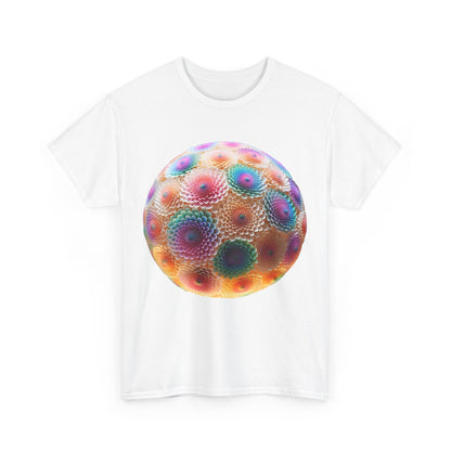 Iridescent Floral Sphere Unisex Cotton Tee Graphic T Shirt displayed in white, featuring a stunning floral design that embodies luxury.