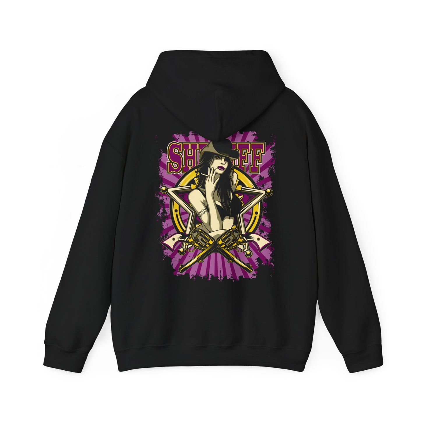 Luxurious black hoodie displaying a captivating back print of an assertive female sheriff design, complemented by gold revolvers and a dynamic purple star backdrop.