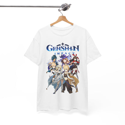 Genshin Impact t-shirt elegantly hanging on a wooden hanger, highlighting its vibrant design and quality craftsmanship, a must-have for any anime lover.