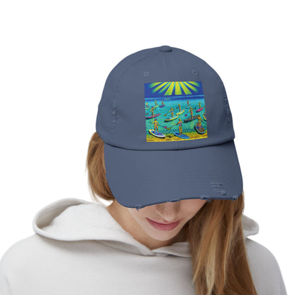 Unisex Distressed Paddleboarders Cap showcased on a model, featuring a vibrant paddleboarding scene and stylish distressed design, perfect for sun protection.