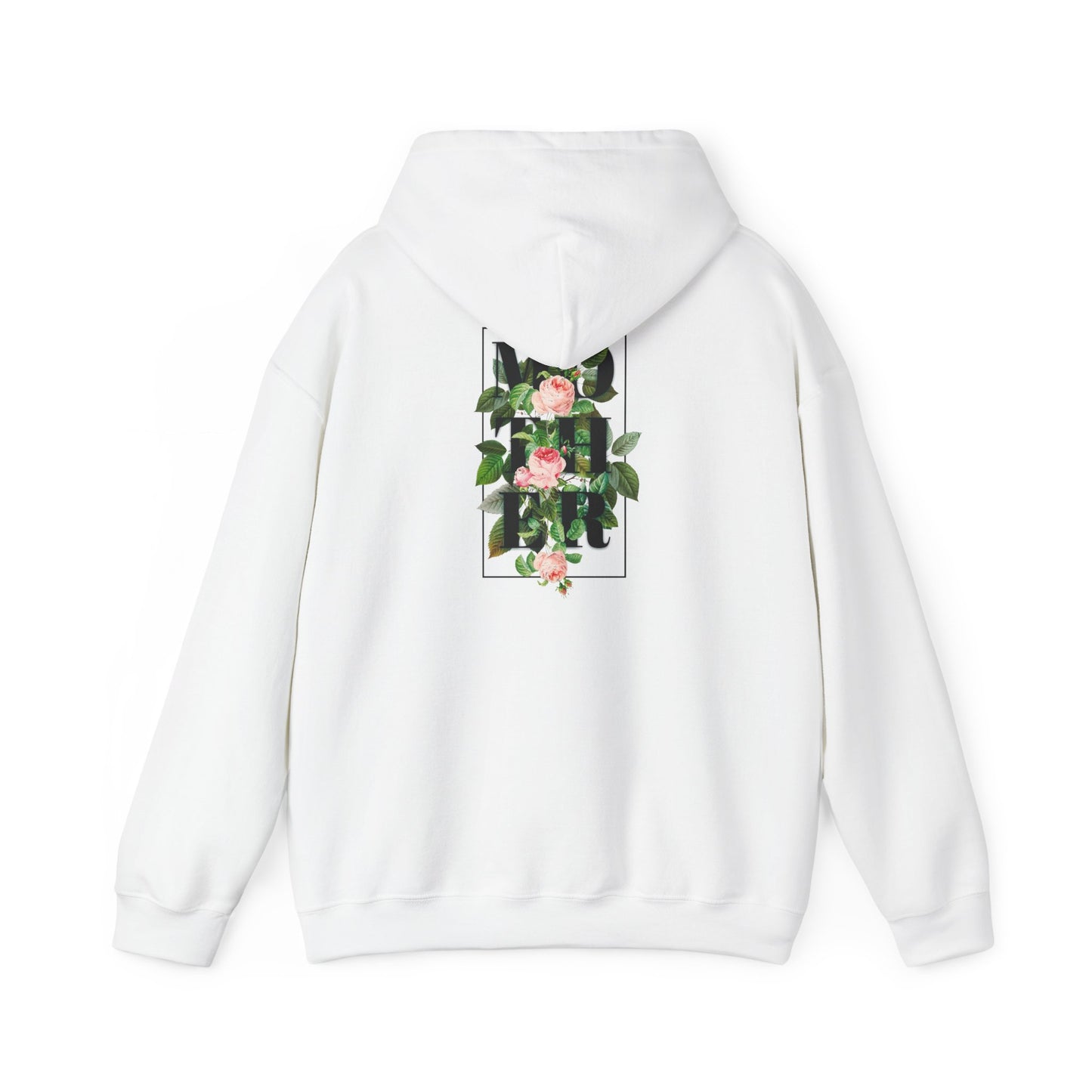 Elegant Floral Back Print Hoodie showcasing a bold 'MOTHER' design with intricate roses and leaves on a white background.
