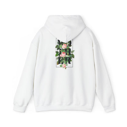 Elegant Floral Back Print Hoodie showcasing a bold 'MOTHER' design with intricate roses and leaves on a white background.