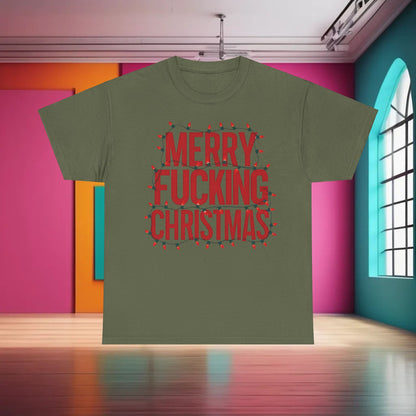 Merry Christmas Graphic T-Shirt Urban Unisex Cotton Tee in olive green, showcasing an eye-catching 'MERRY FUCKING CHRISTMAS' design surrounded by Christmas lights.