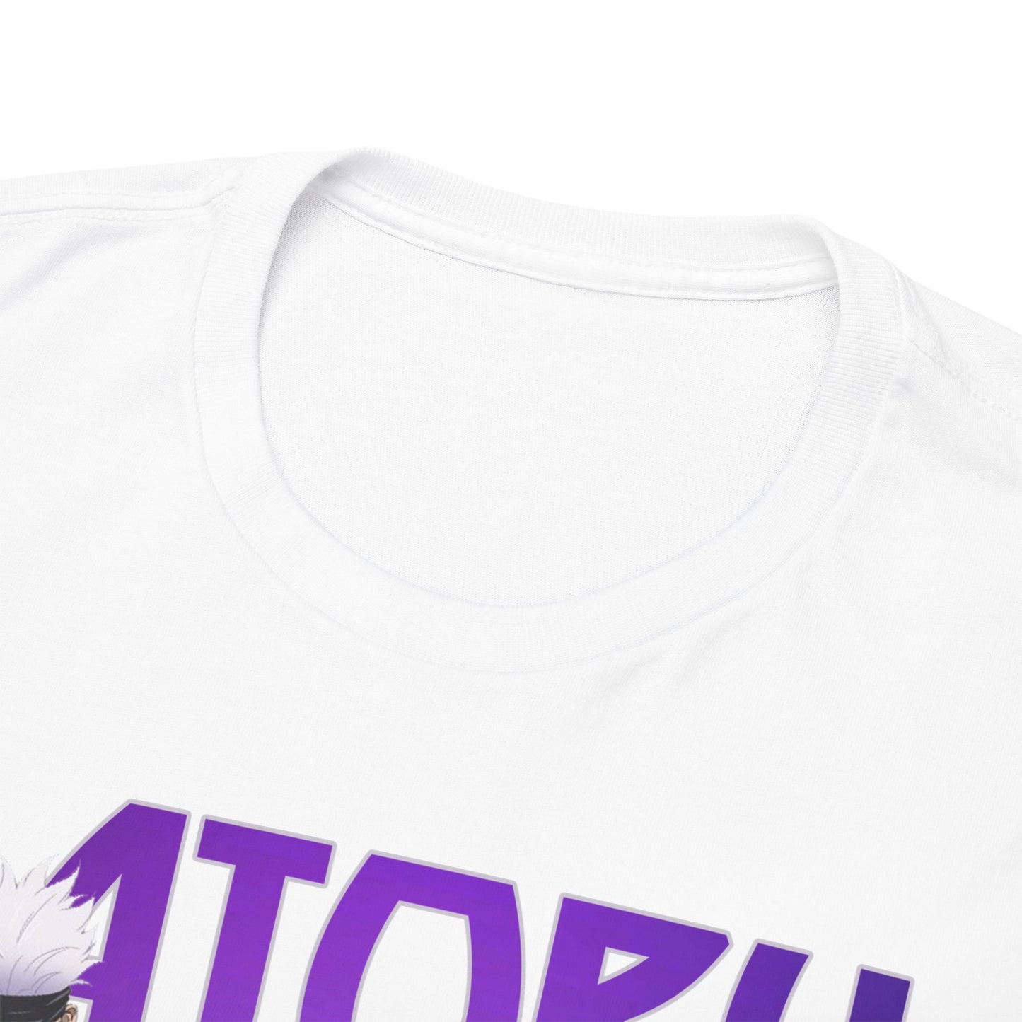 Close-up of the neckline of a luxurious Gojo Satoru T-shirt, highlighting the exceptional craftsmanship and attention to detail.