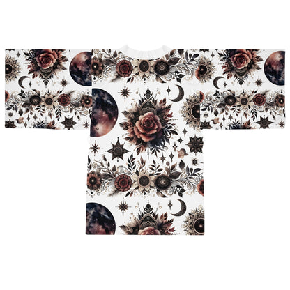 Floral Kimono Robe with intricate floral and celestial designs, embodying luxury and bohemian elegance, perfect lounge wear for stylish comfort.