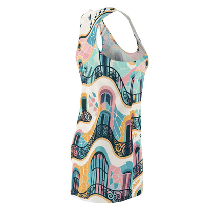 The artistic design of the Sebastian Valente Barcelona Racerback Dress, showcasing its unique patterns and vibrant influences from Barcelona's cultural heritage.