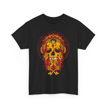 Striking front design of the Infernal Monarch Skull Tee, featuring vibrant skull artwork with intricate headdress and mystical motifs.