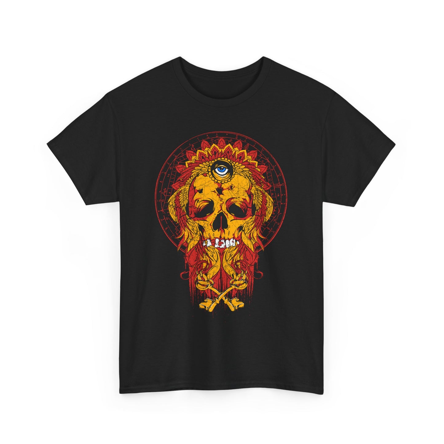Luxury Infernal Monarch Skull Graphic Tee in black, featuring a vibrant skull design with an all-seeing eye and a regal crown headdress, set against a celestial background.