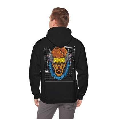Back view of a sophisticated black hoodie adorned with a striking cyberpunk lion graphic, showcasing vibrant colours and modern aesthetics.