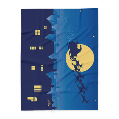 Elegant Decorative and Warm Christmas Arctic Fleece Blanket showing Santa's sleigh and reindeer gliding through the night sky, adding a festive touch to your holiday collection.