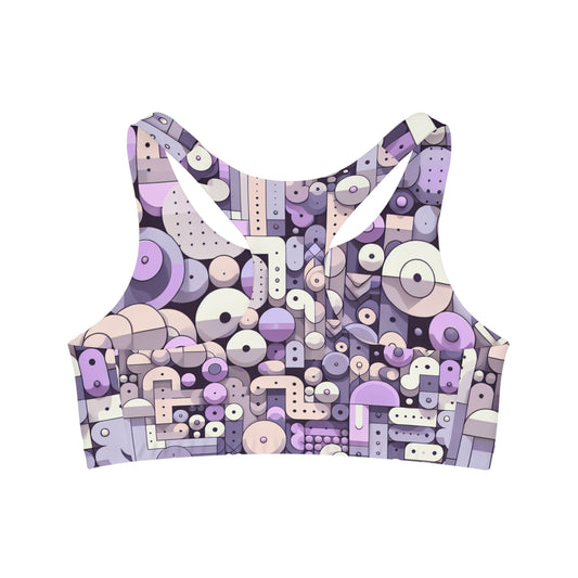 Back view of the Vivienne Starling Abstract Pastel Purple Sports Bra, showcasing its stylish design and vibrant abstract pattern, perfect for elegant activewear.