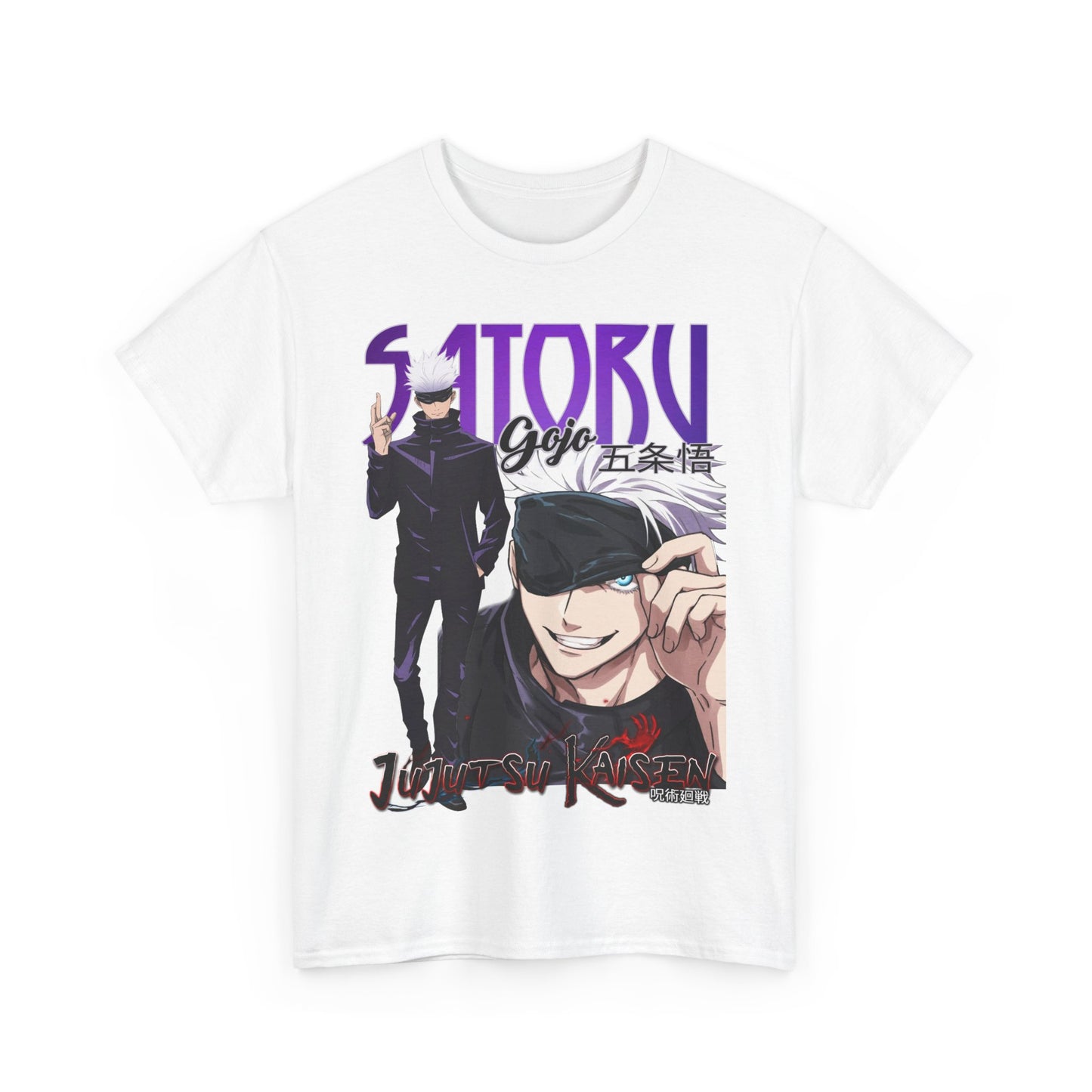 Refined white T-shirt showcasing a stylish portrayal of Gojo Satoru from Jujutsu Kaisen, perfect for elevating casual attire.