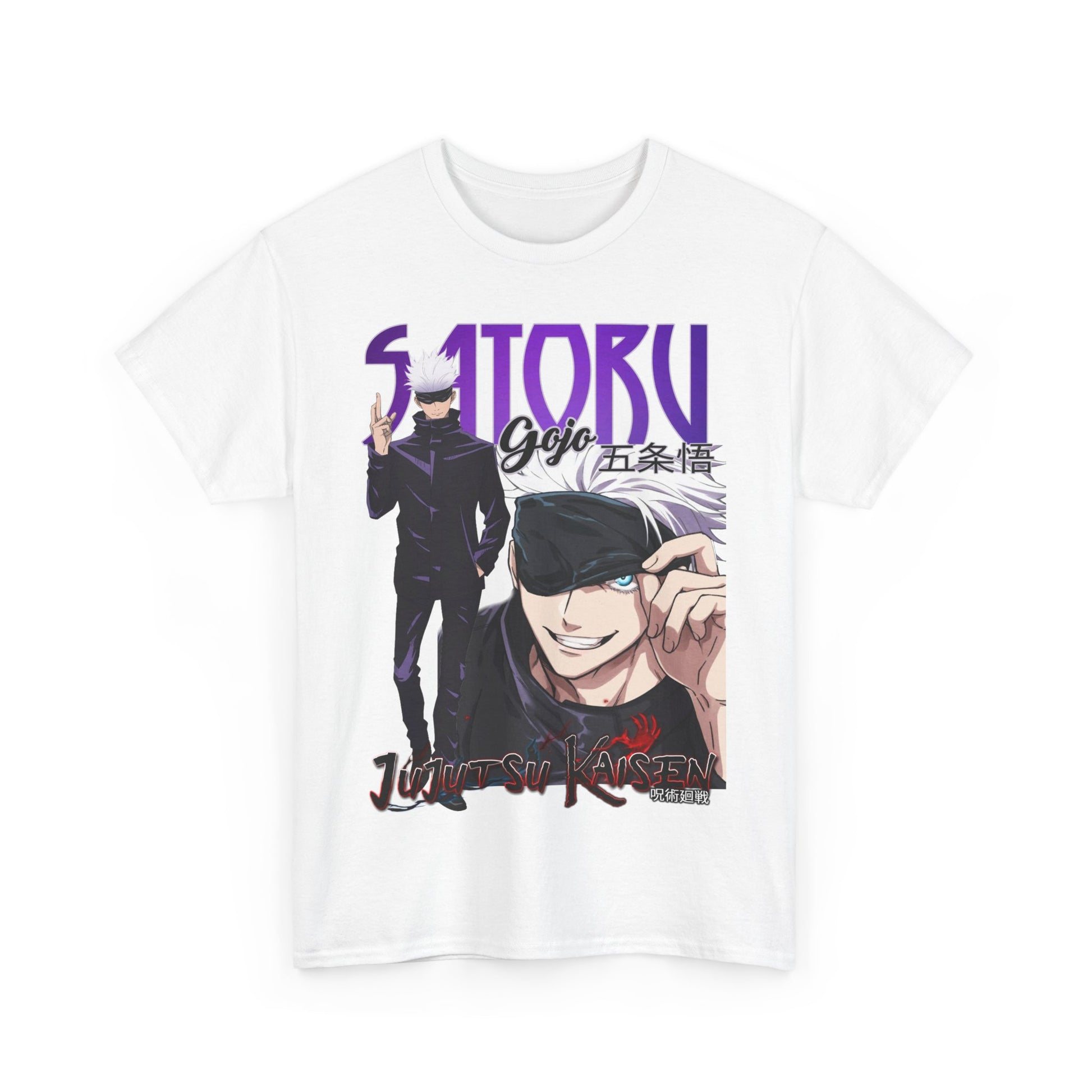 Refined white T-shirt showcasing a stylish portrayal of Gojo Satoru from Jujutsu Kaisen, perfect for elevating casual attire.