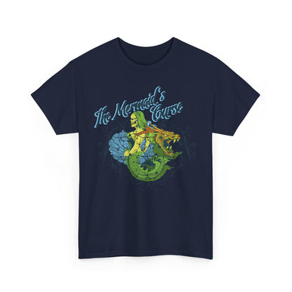 Luxury navy t-shirt with a striking front design of a mermaid and dragon, artfully illustrated for fantasy lovers.