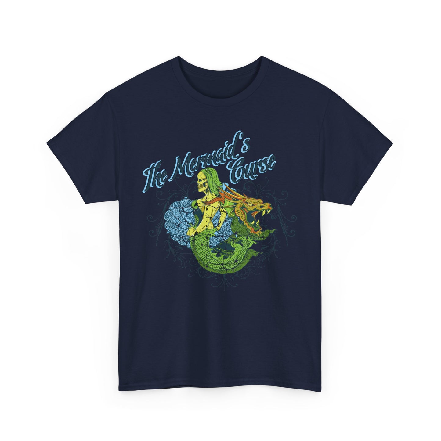 Luxurious navy blue t-shirt featuring the enchanting design of 'The Mermaid's Curse', showcasing a siren and dragon in vibrant hues, perfect for fantasy enthusiasts and stylish casual wear.