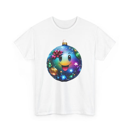 Festive Cheer Christmas Bauble Unisex Cotton T-Shirt Graphic Tee featuring a vibrant, cheerful ornament design with a smiley face and sparkling stars, perfect for elevating your holiday style.