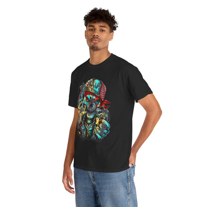 Stylishly modelled black t-shirt featuring a bold skull graphic, exuding cool sophistication in a casual setting.