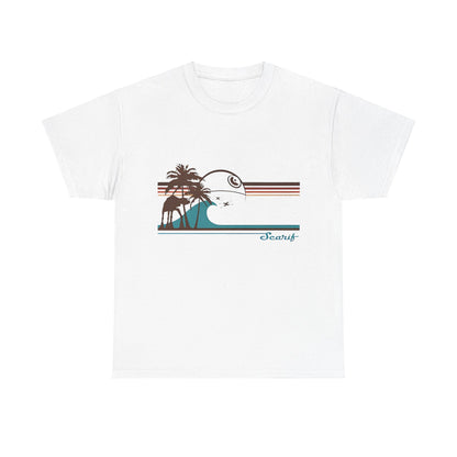 Tie Fighters Holiday on Serif Star Wars Rebel One Graphic Unisex Tee Shirt in white, beautifully designed with palm trees, a wave, and a celestial scene.